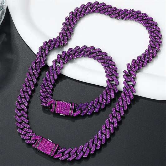 Purple Rhombus Cuban Link Chain & Bracelet Set – Men’s Hip Hop Jewelry