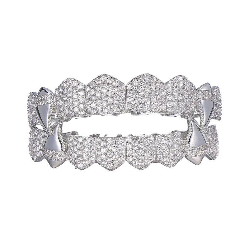 Full CZ Teeth Grillz – Unisex Hip Hop Iced Out Jewelry Silver